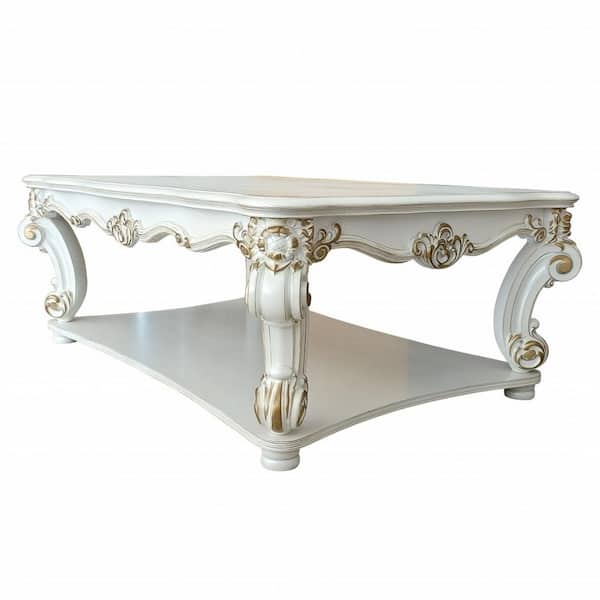 HomeRoots 58 in. Antique Pearl Finish Rectangle Wood Coffee Table with Storage