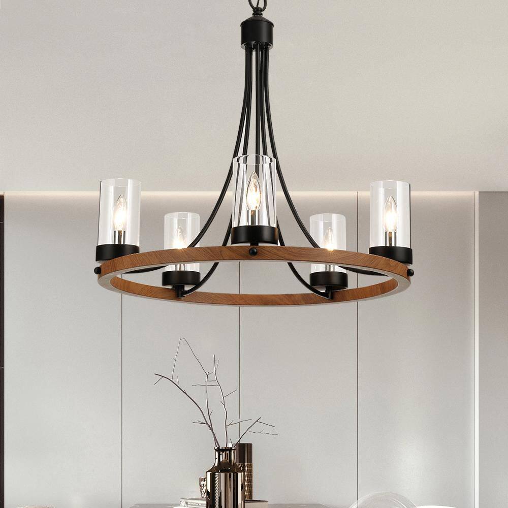5-Light 25 in. Wood Farmhouse Wagon Wheel Dimmable Chandeliers Dining Kitchen Ceiling Lights Foyer Bedroom Lighting price history on PriceWatchPro