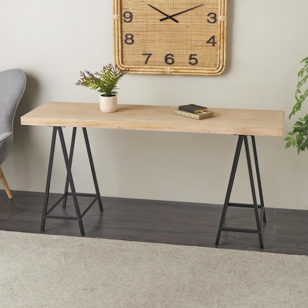 Litton Lane 63 in. Brown Large Rectangle Wooden Console Table with Black Metal Supports