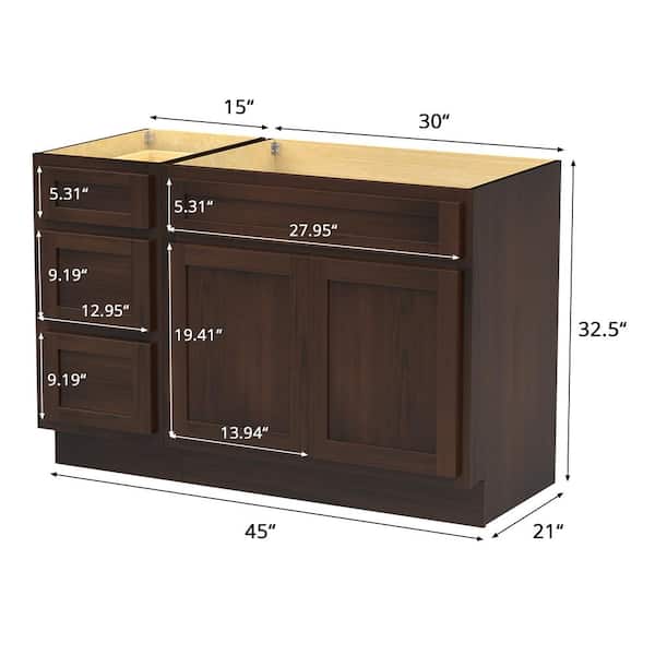 Vanity Art 45 in. W x 21 in. D x 32.5 in. H Bath Vanity Cabinet without Top in Brown