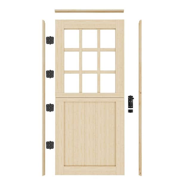 36 in. x 80 in. Solid Pine Universal 9-Lite Clear Glass Unfinished Dutch Wood Prehung Front Door w/Quick Assemble Jamb