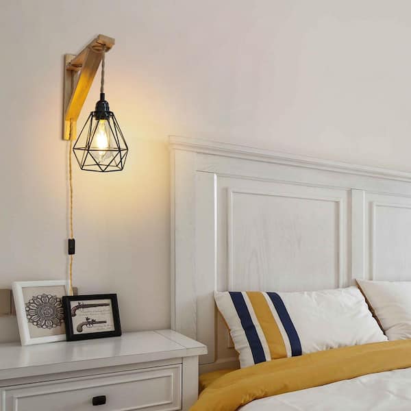 7.9 in. Black Indoor Plug in Wall Sconce Adjustable Hemp Rope Wall Lantern Lamp with 1 LED Bulb and Switch