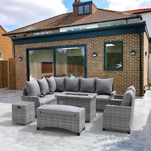 Aiden Gray 7-Piece Wicker Patio Fire Pit Conversation Sofa Set with Gray Cushions