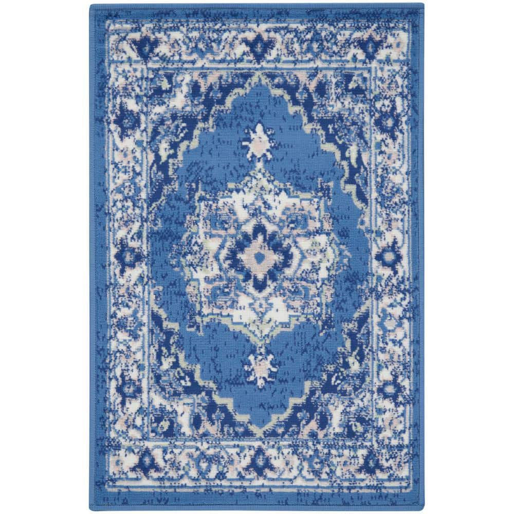 Navy Floral Synthetic Rectangular 2' x 3' Area Rug