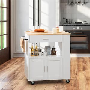 Kitchen Island Cart Rolling Storage Cabinet w/Drawer & Spice Rack Shelf White