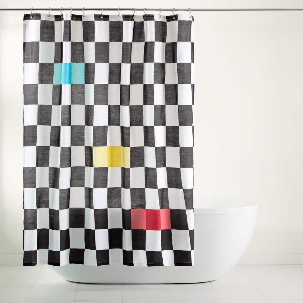 Bold Checkerboard Cotton Fabric Shower Curtain with Grommets