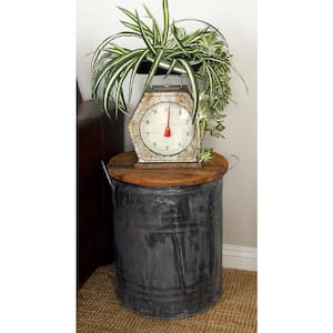 16 in. Gray Large Round Wood End Accent Table with Brown Wood Top