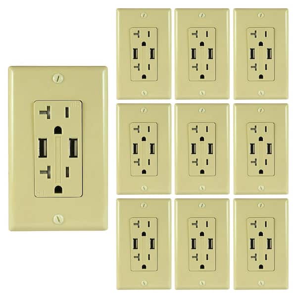 ASI AC Wall Outlet With USB Charging Ports, Ivory, Includes Wall Plate, 3.4 Amp USB, 20 Amp AC Outlet (10-Pack)