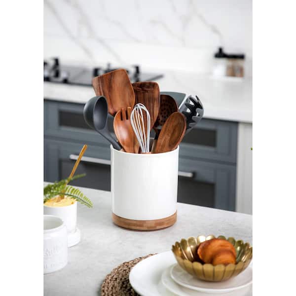 360° Rotating Utensil Holder, White Ceramic Cooking Utensil Organizer with Countertop-Protection Cork Bottom