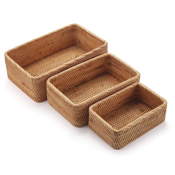 Natural Rattan Rectangular Woven Bread Baskets Set of 3 Stackable Wicker Boxes for Fruits Keys and Remotes