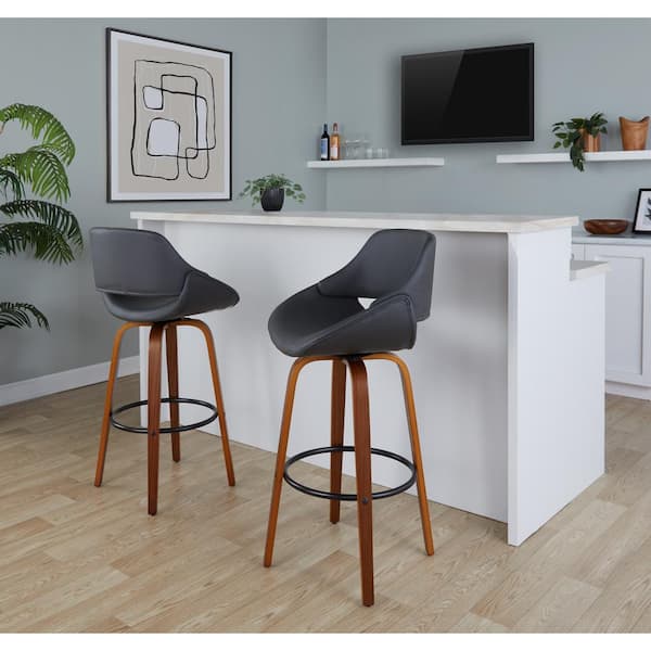 Lumisource Fabrico 29.5 in. Grey Faux Leather, Walnut Wood, and Black Metal Fixed-Height Bar Stool (Set of 2)