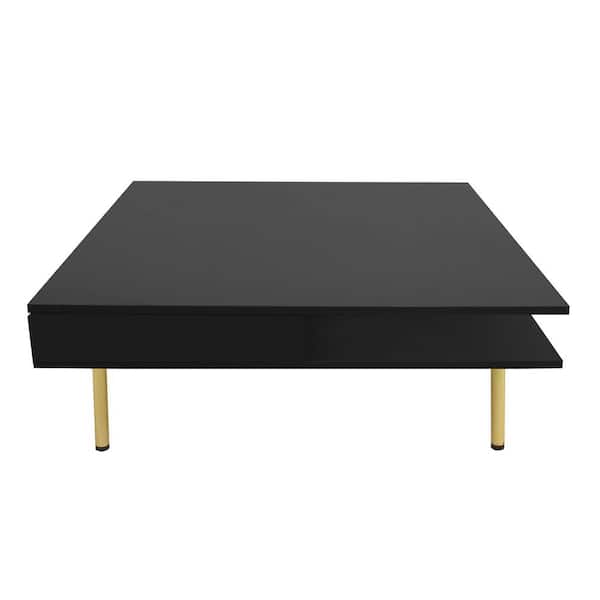 Sudzendf Black 33.4 in. Exquisite High Gloss Square Particle Board Coffee Table with Golden Legs, Drawers, Open Storage Shelves