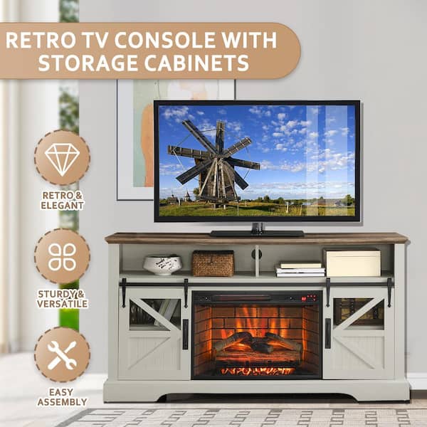 60 in. Freestanding Electric Fireplace TV Stand With Door Sensor in Jasmine White