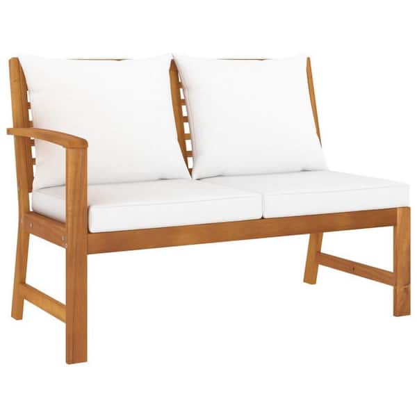 23.8 in. 2-Person Brown Solid Acacia Wood Slatted Outdoor Bench with White Cushions