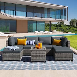 7-Piece Wicker Patio Conversation Set with Gray Cushions and Coffee Table