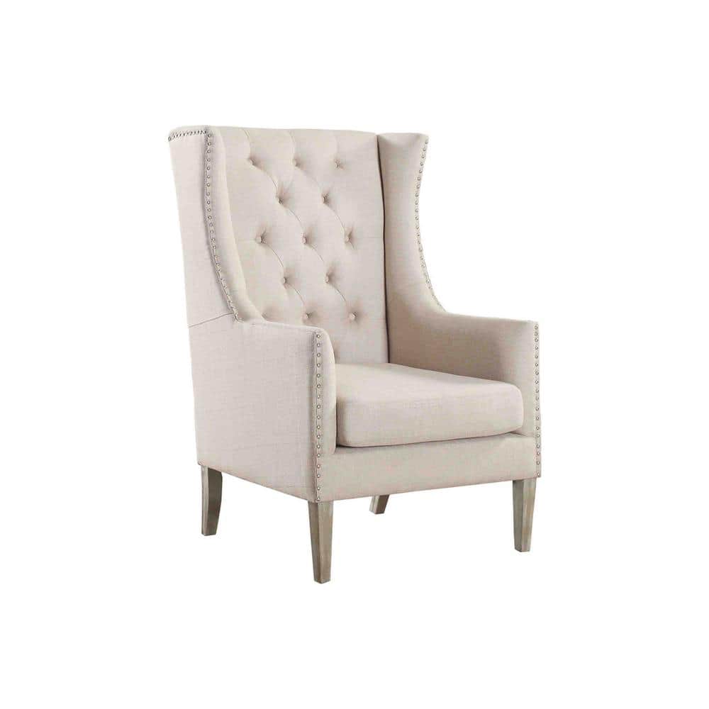 Beige Slope Arm Faux Leather Accent Chair with Wood Frame