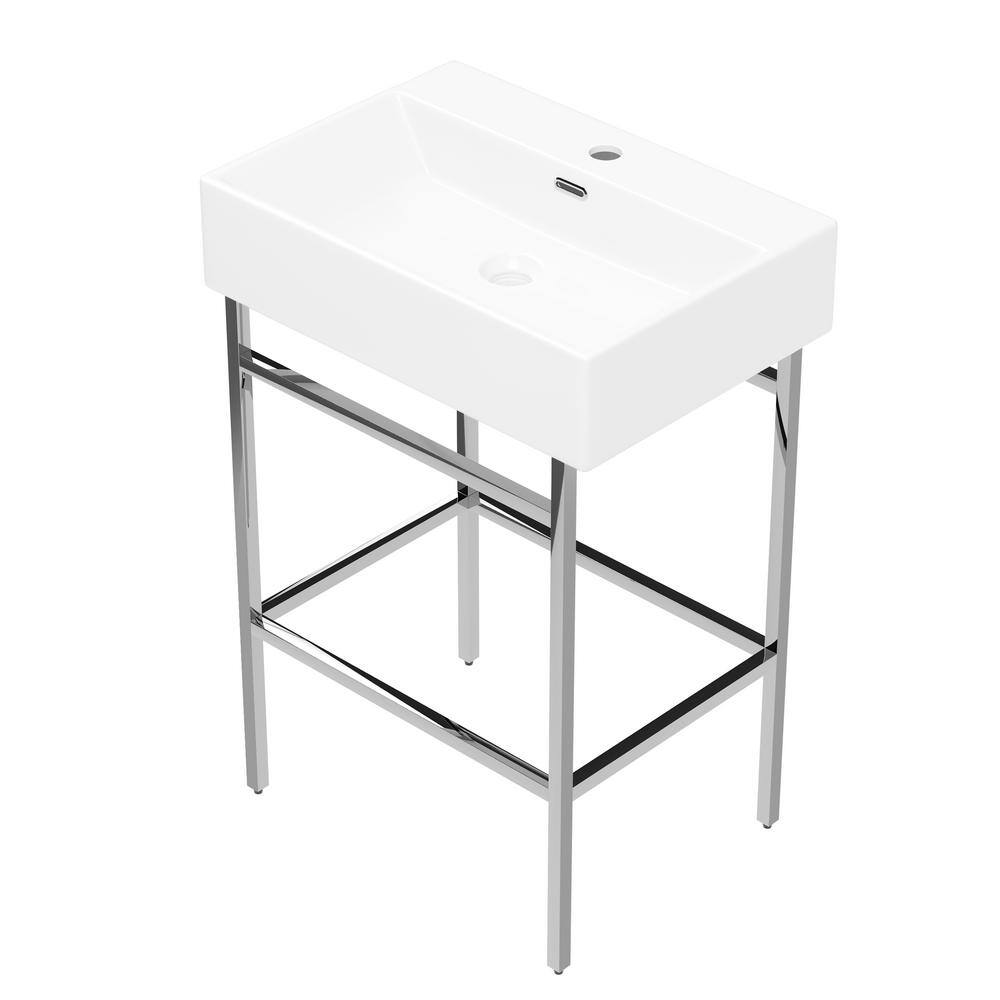 Silver Ceramic Wall-Mount Console Bathroom Sink with Stainless Steel Bracket
