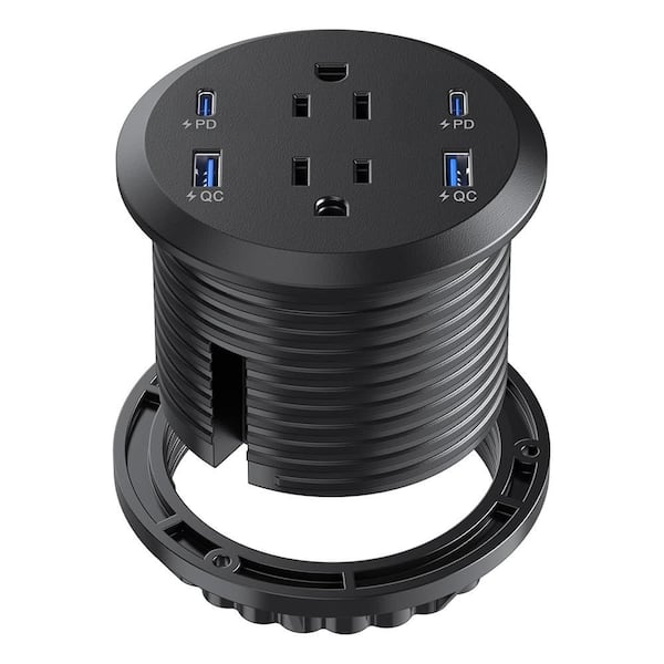 3" Black Desktop Power Grommet with 65W USB C Fast Charging, Flush Mount Recessed Power Strip, 2 Outlets, 4 USB Ports
