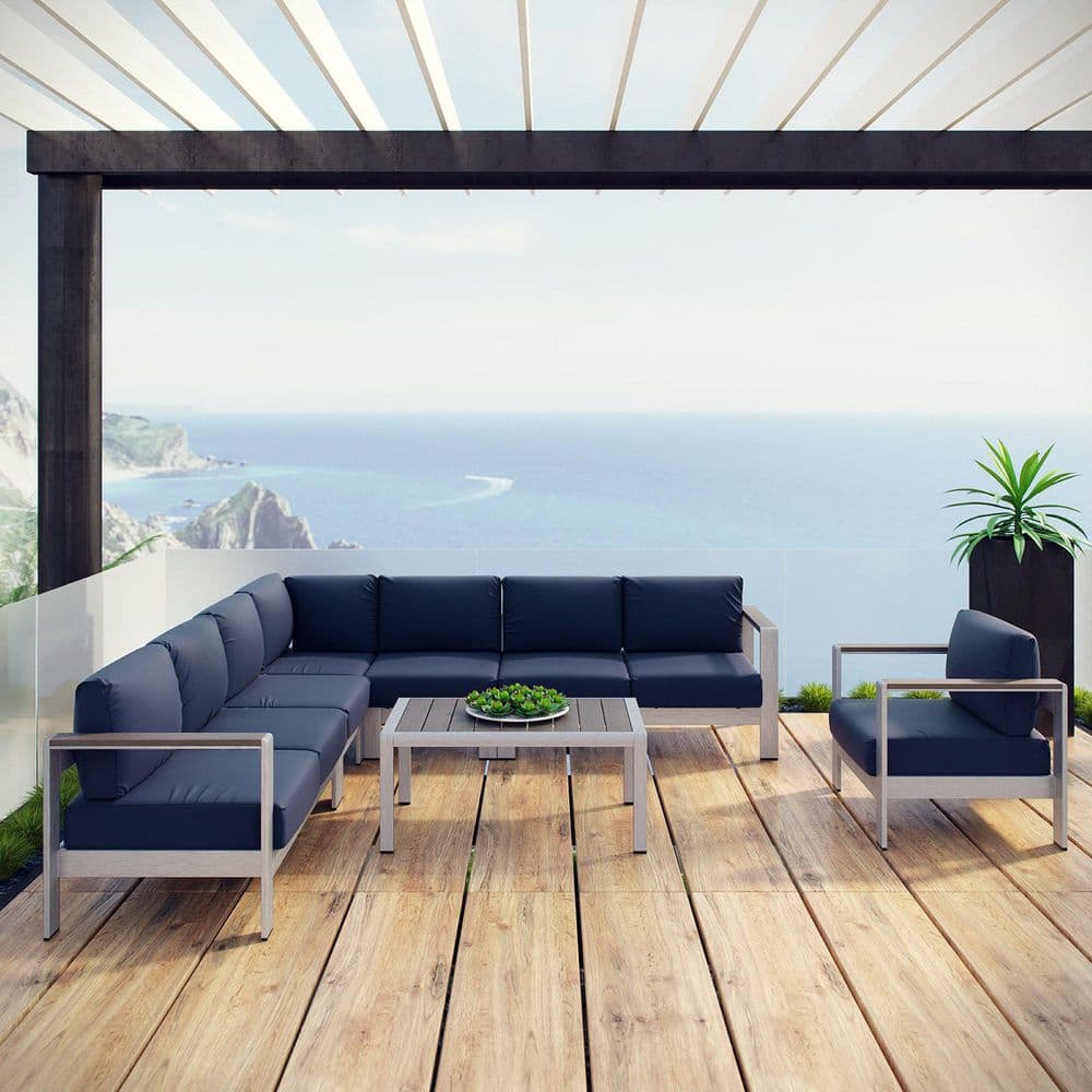 Shore Aluminum 135.5 in. Square Arm 7-piece Fabric L-Shaped Sectional Sofa in. Silver Navy Blue price history on PriceWatchPro
