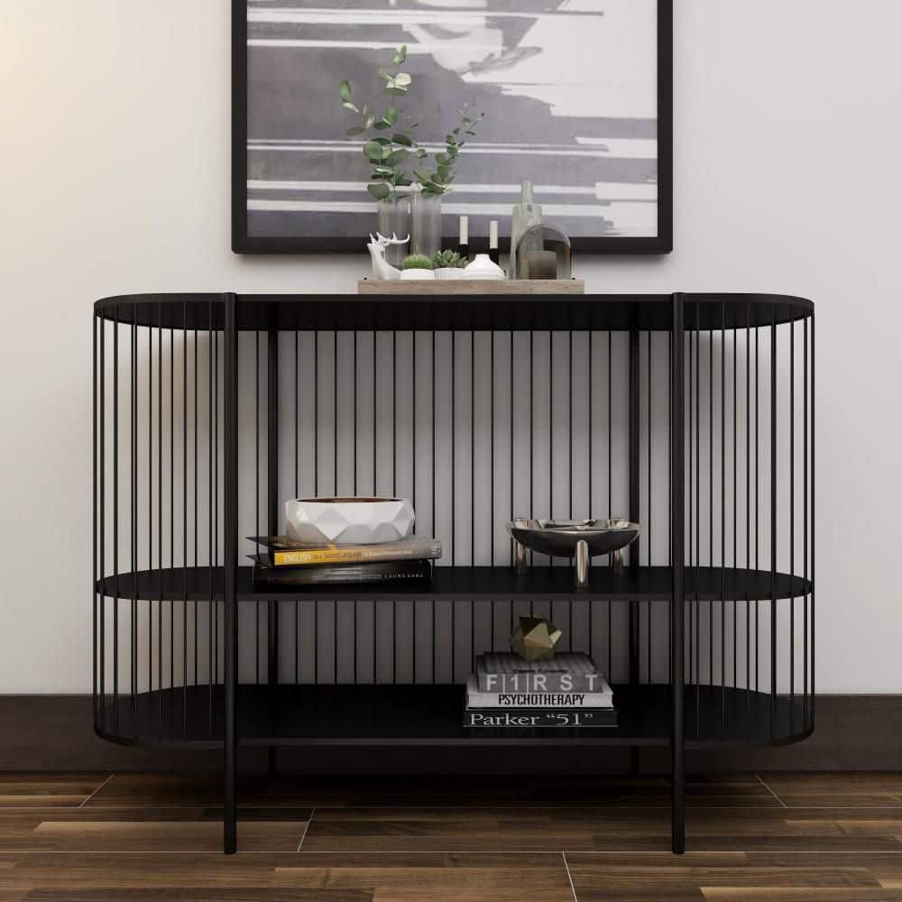 Sleek Black Metal Console Table with Dual Storage Shelves