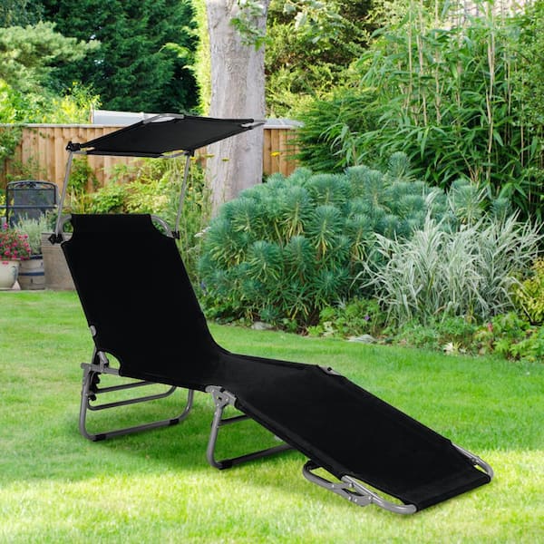 Oxford Fabric Outdoor Lounge Chair in Black Set of 2-Adjustable Outdoor Beach Patio Recliner W/Sun Shade