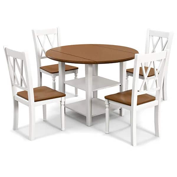 Gymax 5 Piece Round Dining Kitchen Set w/Drop Leaf Dining Table Folded & 4 Chairs