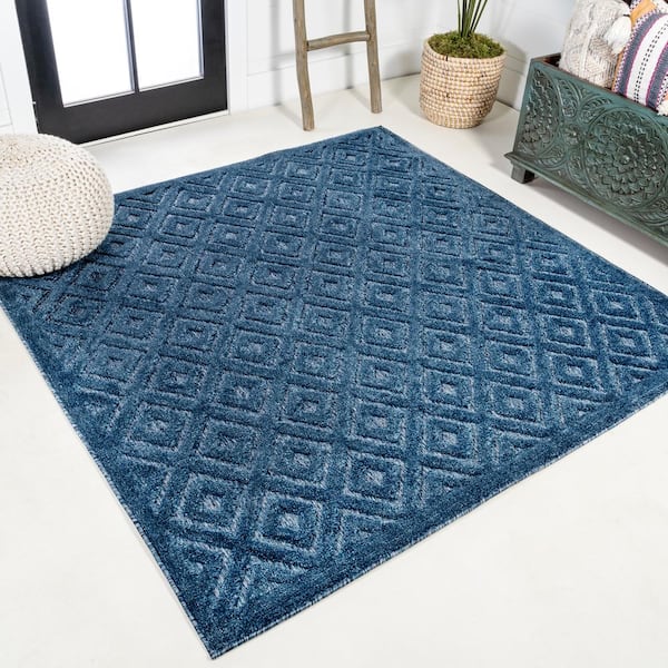 Portmany Neutral Diamond Trellis Navy 5 ft. Square Indoor/Outdoor Area Rug