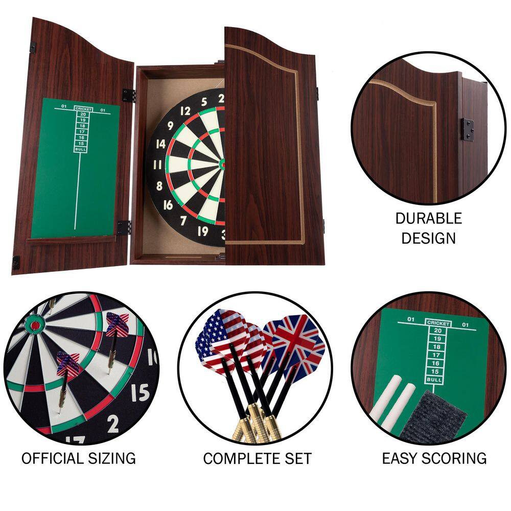 Walnut Finish Bristle Dartboard Cabinet Set with Steel-Tip Darts