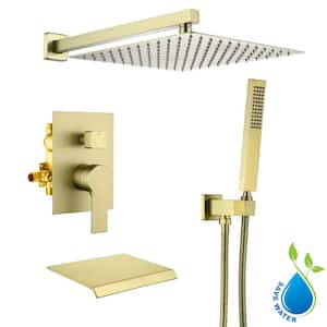Single-Handle 1-Spray Tub and Shower Faucet with 12 in. Fixed Shower Head in Brushed Gold (Valve Included)