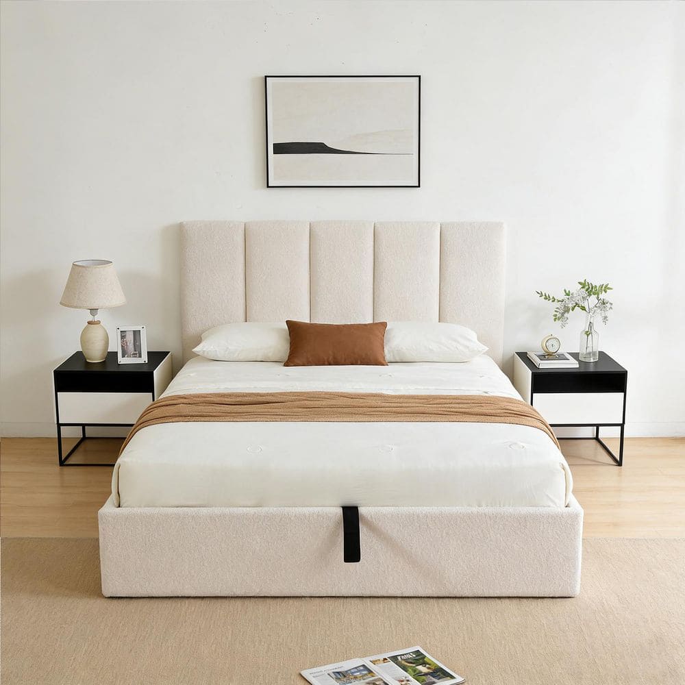 Boucle White Plywood Frame Queen Size Linen Upholstered Platform Bed with Lifting Storage price history on PriceWatchPro