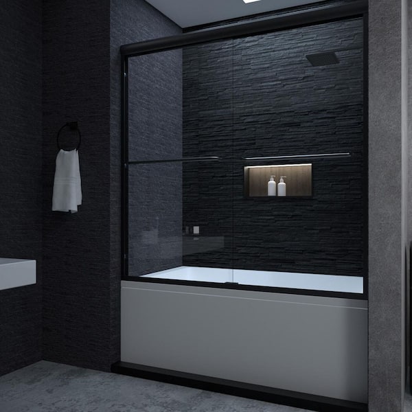 Ruhr 60 in. W x 56 in. H Sliding Semi Frameless Tub Door in Matte Black Finish with Clear Glass