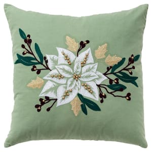 Holiday Green/Multi-Color Poinsettia Cotton 20 in. x 20 in. Poly Filled Decorative Throw Pillow