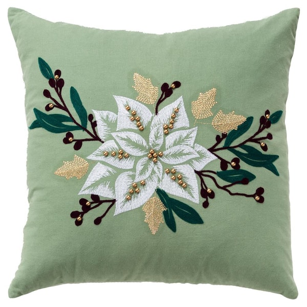 Rizzy Home Holiday Green/Multi-Color Poinsettia Cotton 20 in. x 20 in. Poly Filled Decorative Throw Pillow