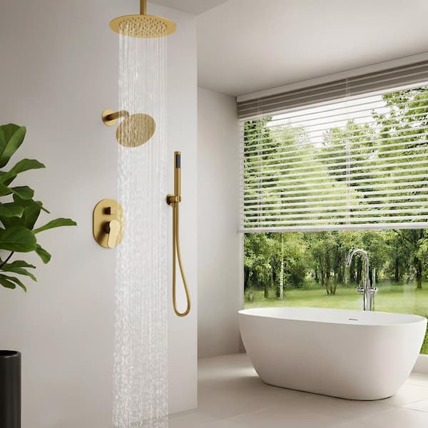 3-Spray 10 and 6 in. Dual Shower Heads Ceiling Mount and Handheld Shower Head in Brushed Gold (Valve Included)