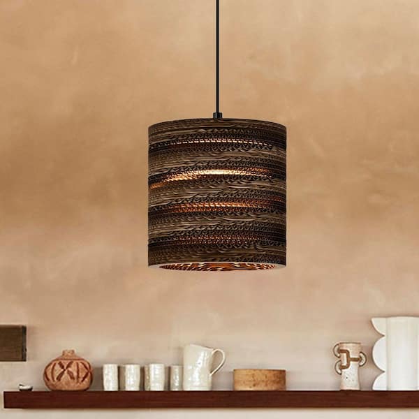 100-Watt 1-Light Brown Natural Pendant Light with Nordic Style Cylinder Paper Shade for Dining Table, No Bulbs Included