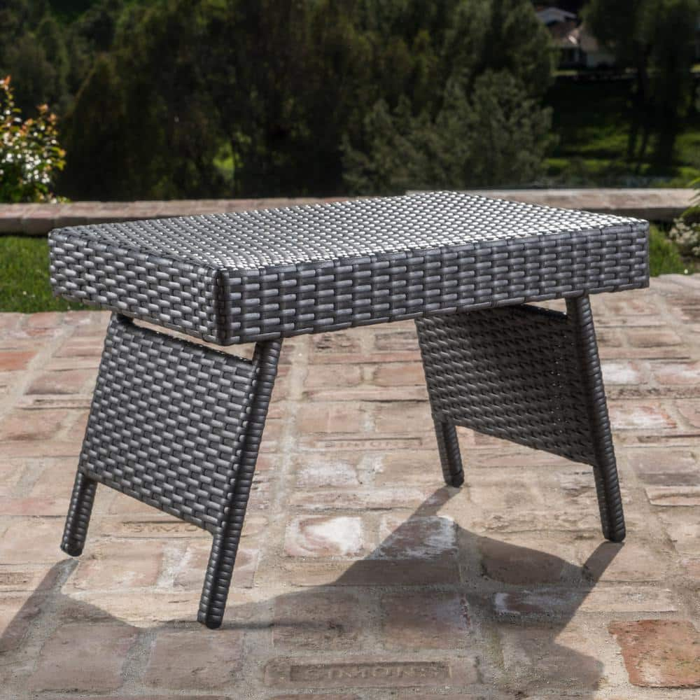  24 in. Gray Rectangle Wicker Picnic Table Outdoor Patio Portable Folding Rattan Coffee Table All Weather Coffee Table