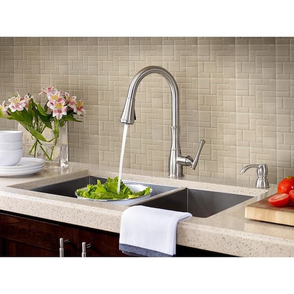 Wheaton Double Handle Pull Down Sprayer Kitchen Faucet with Soap Dispenser 16.94 in Polished Chrome