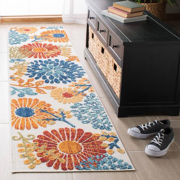 Cabana Creme/Red 2 ft. x 22 ft. Floral Leaf Indoor/Outdoor Runner Rug