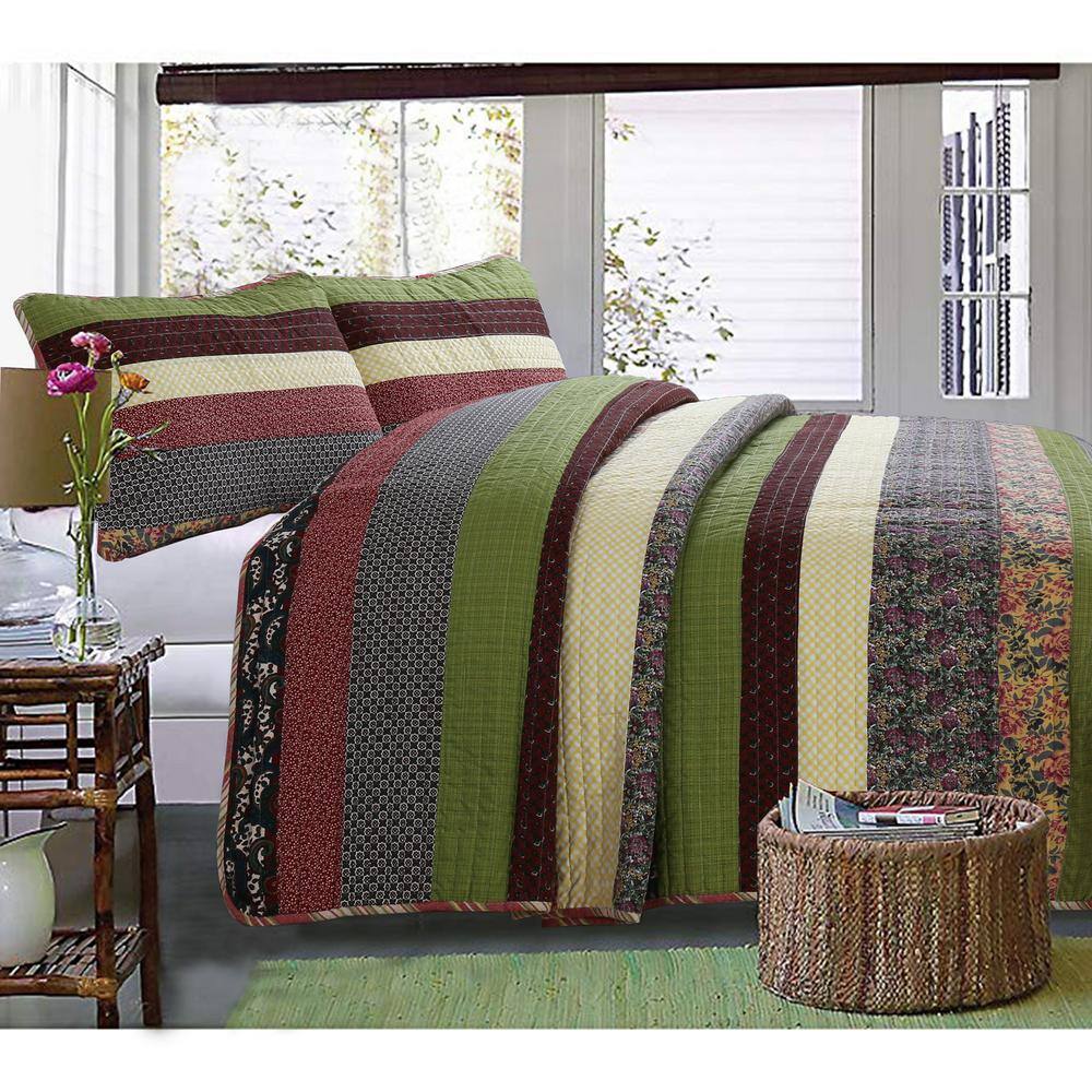 Queen Reversible Cotton Patchwork Quilt Set in Purple and Green