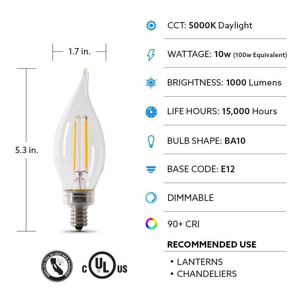 Clear Glass Filament Candelabra LED Light Bulbs, 100-Watt Equivalent, Daylight