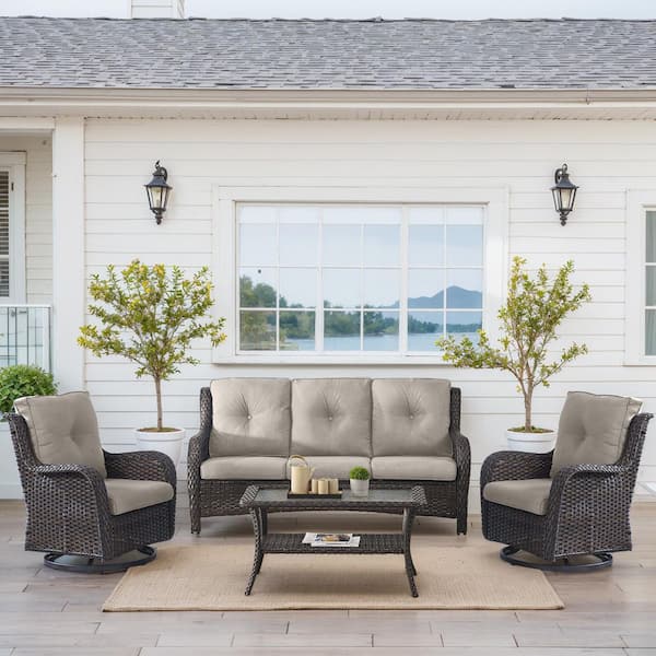 Carlos Brown 4-Piece Wicker Patio Conversation Set with Outdoor Swivel Chairs, CushionGuard Beige Cushions