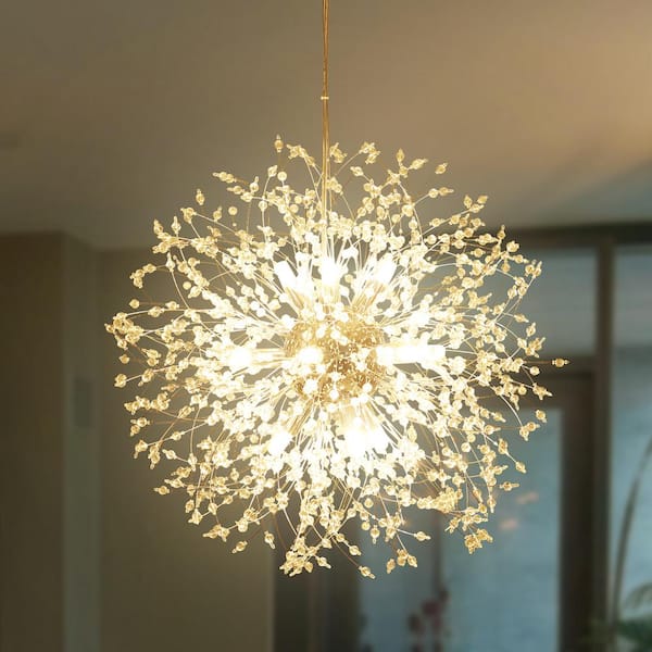 12-Light Chrome Modern Glam Crystal Firework Pendant Sputnik Starburst Unique Sphere Chandelier with 32 Crystal Strands
