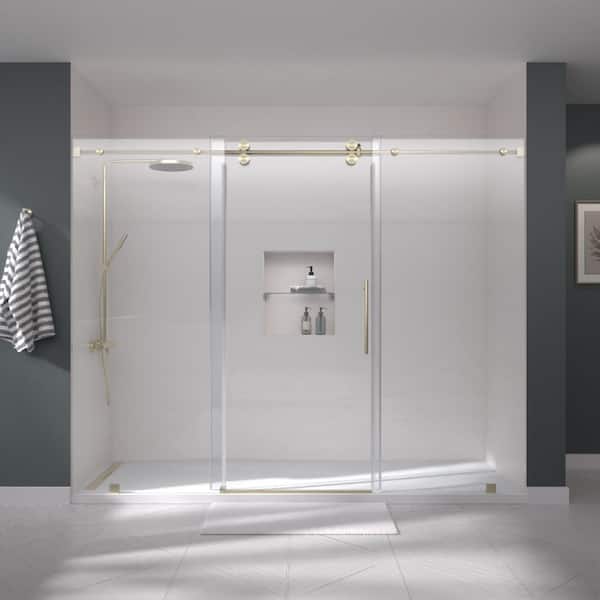RADX 92 in. - 96 in. W x 76 in. H Sliding Frameless Shower Door in Brushed Bronze with EnduroShield 3/8" Clear Glass
