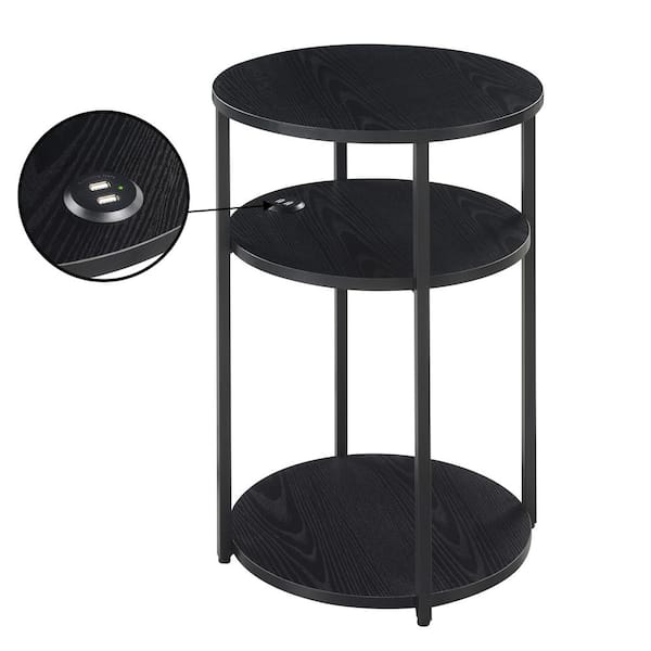 Convenience Concepts Designs2Go Simon 15.75 in. W Black Round Wood 3 Tier End Table with USB Ports
