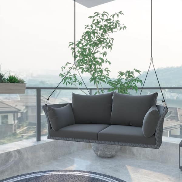 HomeAura 51.9 in. 2-Person Gray Wicker Porch Swing with Gray Cushions