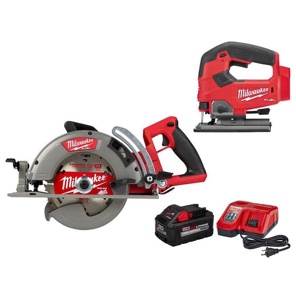 Milwaukee M18 FUEL 18V Lithium-Ion Cordless 7-1/4 in. Rear Handle Circular  Saw w/Jig Saw  8.0ah Starter Kit 2830-20-2737-20-48-59-1880 The Home  Depot