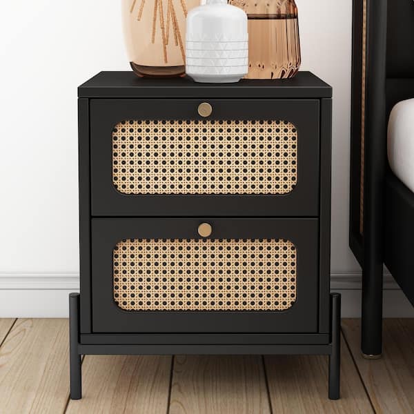 Harper & Bright Designs Black 2-Drawer Modern Cannage Rattan Wood 17 in. W Nightstand