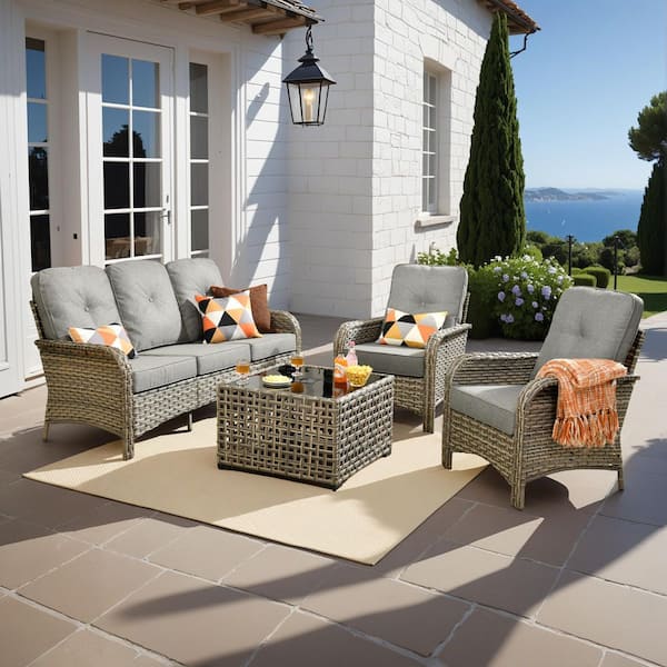HOOOWOOO Ruby 4-Piece Wicker Outdoor Furniture Patio Conversation Sofa Set with a Solar-LED Coffee Table and Dark Grey Cushions