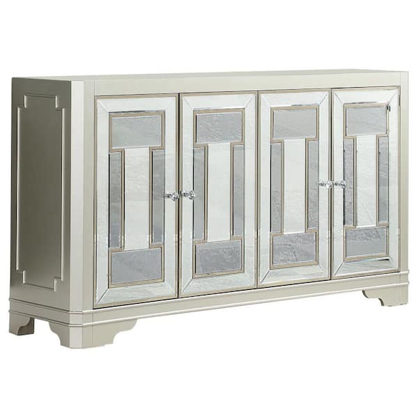Benjara Silver Wood Top 15 in. Sideboard with 2 Shelf and Mirror Trim