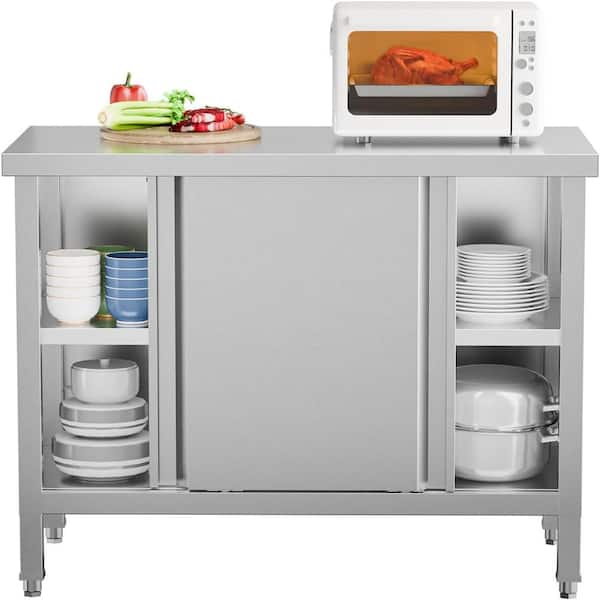 39 x 19 in. Silver Stainless Steel Kitchen Prep Table with Cabinet and 2 Sliding Doors